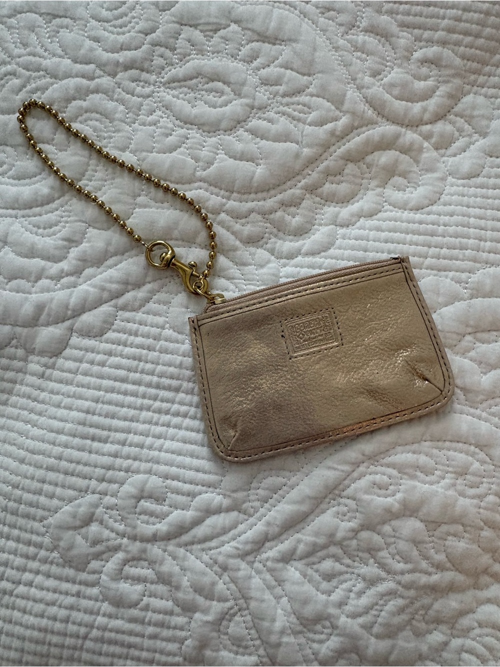 Coach Poppy Metallic Beige Leather Card Case with Gold Chain
